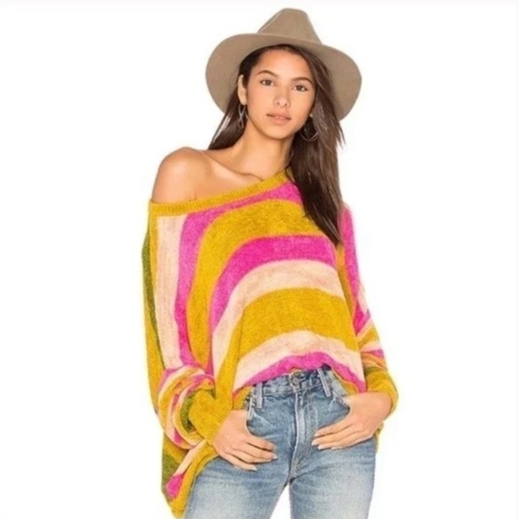 Free People All About You Stripe Chenille Sweater in Multi Size XS Pink Green - Picture 3 of 10